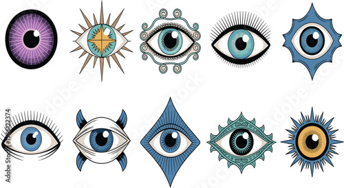 Stylized mystical eye symbols collection sacred geometry spiritual protection evil eye vector illustration set decorative ornamental tattoo design elements