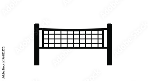 A simple black silhouette depicts a volleyball net with upright posts presented on a clean white background high quality professional detailed