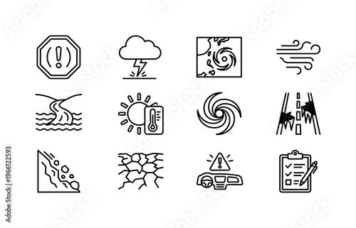 Collection of natural disaster icons representing various environmental hazards and warnings