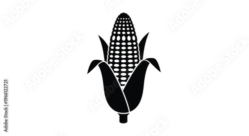 A simple black and white illustration depicts a single ear of corn with a husk presented on a white background