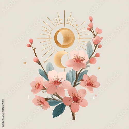 vintage floral background, balanced sun and moon symbol, pastel blossoms, clean minimal Pagan aesthetic 
