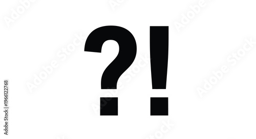 A stark white background features a bold black question mark immediately followed by a black exclamation point high quality professional detailed