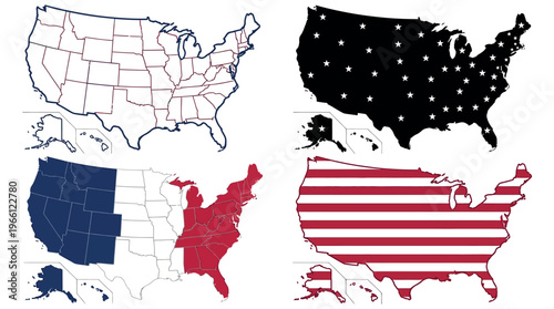 USA Patriotic Map Multi-Style Set with Outline Stars Stripes and Regional Variants for National Branding and Design Use