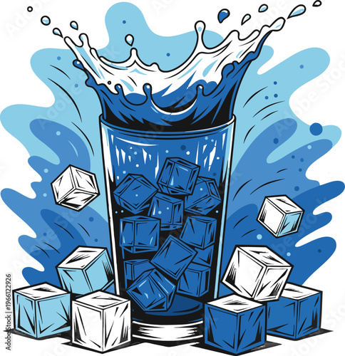 Refreshing glass of cola with ice cubes splashing water and cubes surrounding on checkered background.