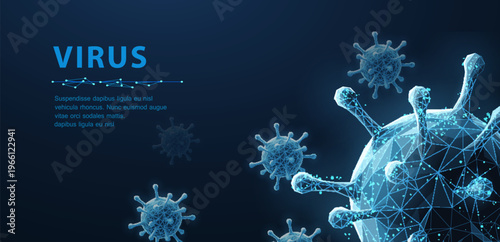 Glowing virus particles in digital structure. Infection concept, microbiology, disease outbreak, medical research, healthcare analysis, epidemic science, future technology idea. Vector illustration