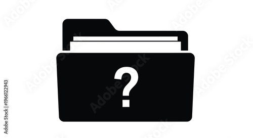 A simple black and white glyph depicting an open folder icon containing a central question mark high quality professional detailed modern