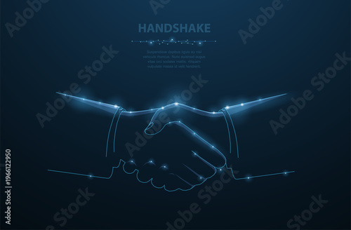Glowing handshake in digital lines. Partnership agreement, business cooperation, trust, teamwork, professional connection, collaboration, future technology concept. Vector illustration