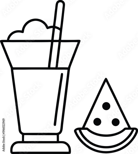 Outline illustration of a tall glass with a smoothie or milkshake and straw next to watermelon slice.