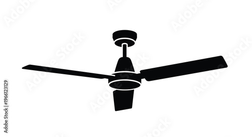 A simple black and white illustration depicts a ceiling fan with four blades viewed from directly below high quality professional detailed