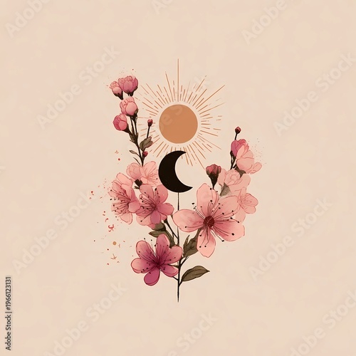Ostara spring equinox illustration, balanced sun and moon symbol, pastel blossoms, clean minimal Pagan aesthetic 