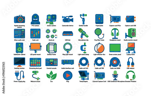 Collection of live streaming and video production equipment icons