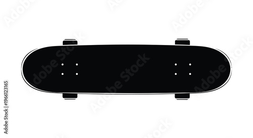 A minimalist black and white illustration depicts a skateboard from a top down perspective showcasing its deck and trucks high quality