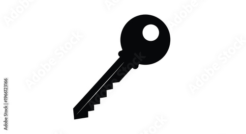 A stark black silhouette depicts a traditional key with a circular head and a serrated blade isolated on white high quality