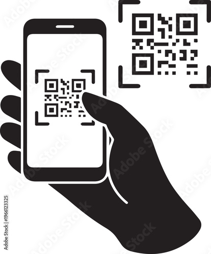 Isolated Silhouette QR code icon. Mobile phone scanning qr-code vector illustration. Hand holding a phone with scanner symbol isolated No Background