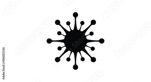 A stark black silhouette depicts a virus or bacteria characterized by a central mass and radiating spherical projections high quality professional