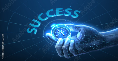 Hand holding glowing compass under success text. Business achievement, leadership, strategic direction, motivation, goal setting, growth mindset, future concept. Vector illustration