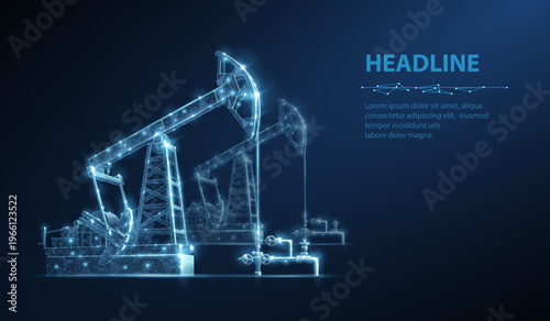 Glowing oil pump jacks in digital wireframe style. Petroleum extraction, energy production, industrial engineering, fuel industry, innovation, future technology concept. Vector illustration