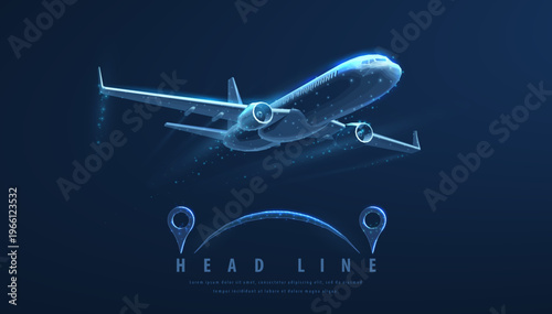 Glowing airplane with location markers in digital style. Air travel, aviation navigation, transport tracking, flight route, smart mobility, future technology concept. Vector illustration