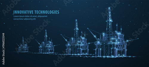 Futuristic offshore oil platforms made of glowing lines. Energy production, petroleum industry, marine engineering, industrial infrastructure, innovation concept. Vector illustration