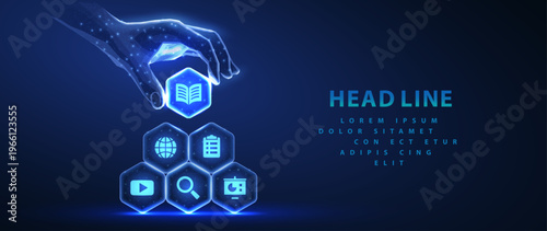 Hand placing education icons in glowing hexagons. Online learning, digital courses, smart study, video lessons, certification, knowledge platform, future concept. Vector illustration