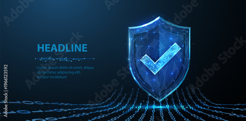 Glowing shield with check mark on data waves. Cybersecurity, secure verification, digital protection, trusted access, privacy defense, network safety concept. Vector illustration