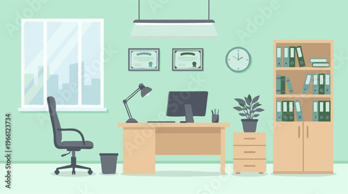 Clean and Modern Office Interior with Desk, Computer, and Bookshelf