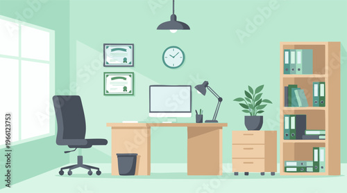 Professional Office Workspace with Desk, Computer, and Certificates