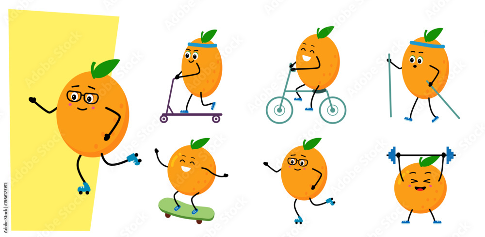 Fototapeta premium Cute orange character. sport - cycling, nordic walking, scooter. skateboard, swimming.