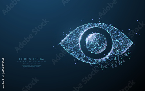 Glowing eye symbol in digital particles. Vision analytics, surveillance, monitoring, cyber observation, data recognition, smart detection, future security concept. Vector illustration