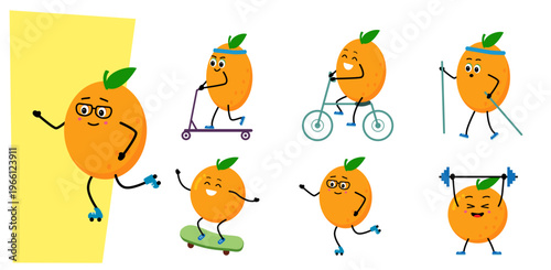 Cute orange character. sport - cycling, nordic walking, scooter. skateboard, swimming.