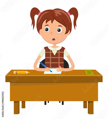 Geography girl looking at the question.  The geography girl thinks and answers.  And she has an idea. Vector illustration in a flat style.