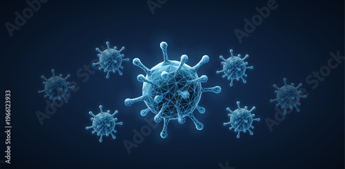 Glowing virus particles in digital space. Infection spread, microbiology, disease outbreak, healthcare research, medical analysis, epidemic science, future concept. Vector illustration