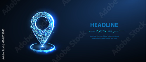 Glowing location pin in digital style. GPS navigation, map marker, geolocation, tracking point, mobile guidance, smart route, future technology concept. Vector illustration