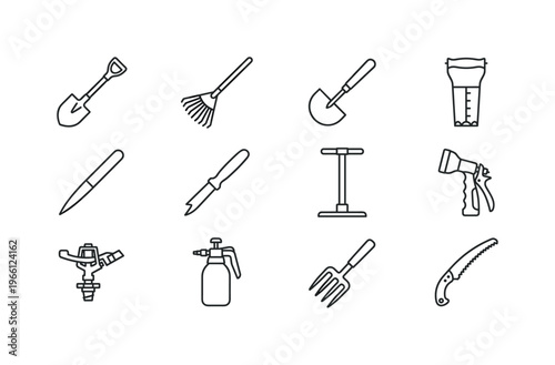 Collection of essential gardening tools and equipment for yard work and planting