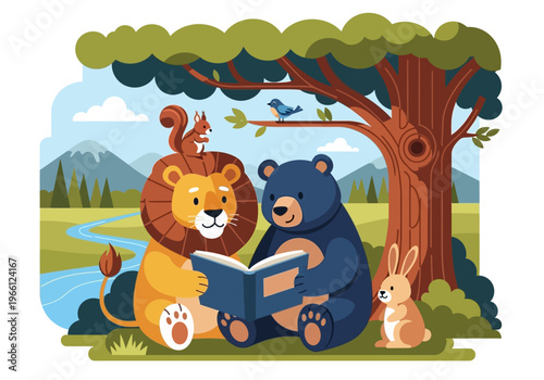 Lion Bear Reading Book Friends.
