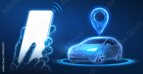 Hand holding smartphone near connected car with map pin. Smart mobility, mobile app control, vehicle tracking, navigation, digital transport, future technology concept. Vector illustration