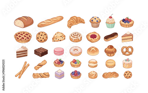 Assortment of delicious baked goods and pastries in a charming illustration