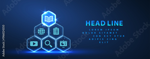 Education icons in glowing hexagons. Online learning, digital courses, video lessons, knowledge search, certification, smart study, future education concept. Vector illustration