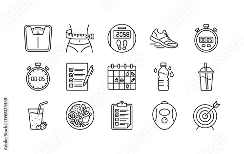 Healthy lifestyle icons for weight loss, fitness, and nutrition tracking