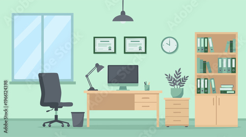 Empty modern office room interior with desk, computer, bookshelf, and window