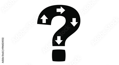 A black question mark symbol features four white arrows pointing in cardinal directions suggesting choices or uncertainty high quality professional detailed