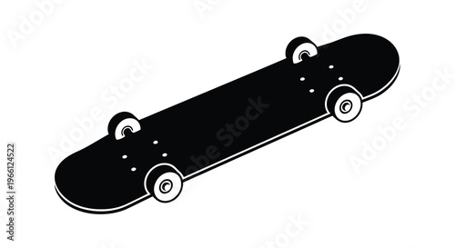 A minimalist black and white illustration depicts a skateboard from a slightly elevated angled perspective high quality professional detailed modern elegant