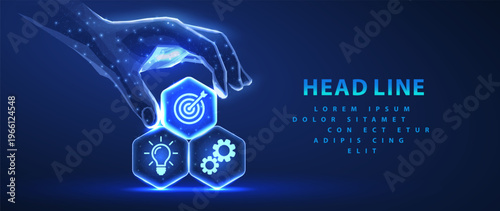 Hand touching glowing interface cubes on blue background. Digital settings, process control, automation system, business management, technology integration concept. Vector illustration