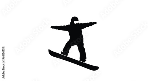 A silhouette of a snowboarder mid air arms outstretched riding a snowboard against a stark white background high quality professional detailed