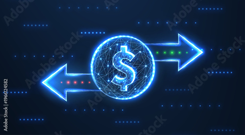 Glowing dollar symbol between arrows on blue background. Currency exchange, digital payment, financial transfer, banking system, money flow, fintech transaction concept. Vector illustration
