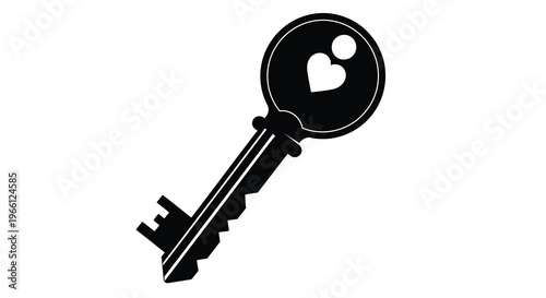 A black and white illustration depicts a key with a heart shaped cutout symbolizing love and unlocking emotions high quality professional