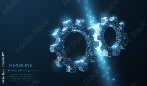 Glowing metal gears on blue background. Mechanical system, industrial engineering, automation process, machine connection, technical support, digital technology concept. Vector illustration