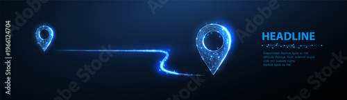 Glowing location pins linked by route line on blue background. GPS navigation, map tracking, destination search, positioning, travel guidance, geolocation concept. Vector illustration