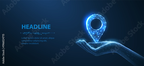 Glowing location pin above open hand on blue background. GPS navigation, map marker, geolocation, travel tracking, digital positioning, route guidance, location concept. Vector illustration