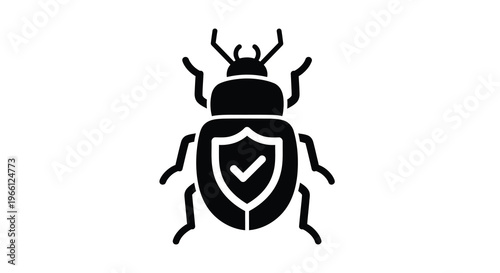 A minimalist black silhouette depicts a beetle with a shield emblem on its abdomen symbolizing protection high quality professional detailed modern